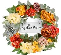 VEVOR Couronne décorative artificielle, 60,96 cm, rouge, orange, jaune, hortensia, décoration de roses, panneau en bois, intérieur et extérieur, murs de maison, fenêtres, décoration de fête