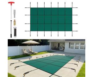VEVOR Couverture de sécurité pour piscines creusées 4,3 x 7,9 m maille verte couverture de sécurité taille 4,9 x 8,5 m avec outils d'installation pour piscine d'hiver, résister au soleil, au vent