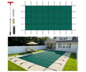 VEVOR Couverture de sécurité pour piscines creusées 6,1 x 12,2 m maille verte couverture de sécurité taille 6,7 x 12,8 m avec outils d'installation pour piscine d'hiver, résister au soleil, au vent