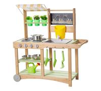 VEVOR Cuisine à Boue 88 cm Cuisine Patouille Extérieur Enfant pour Jouer avec Eau Sable, en Bois, avec Pots Plantation, Cuillères, Évier, Auvent Pare-Soleil, Roues Pivotantes, Casseroles, Accessoires