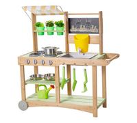 VEVOR Cuisine à Boue 88 cm Cuisine Patouille Extérieur Enfant pour Jouer avec Eau Sable, en Bois, avec Pots Plantation, Cuillères, Évier, Auvent Pare-Soleil, Roues Pivotantes, Casseroles, Accessoires