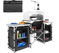 VEVOR Cuisine de Camping 174 x 176 x 46 cm Armoire de Camping Pliable Structure en Alu Grand Comptoir Meuble de Cuisine avec Pare-Brise 5 Compartiments avec Sac de Transport Noir pour BBQ Pique-Nique