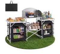 VEVOR Cuisine de Camping Pliable Table de Camping avec Rangement Portable, Pour Barbecue, Pique Nique, Voyage, En Aluminium Léger, Avec Tables Latérales, Pare-vent Amovible et Sac de Transport