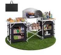 VEVOR Cuisine de Camping Pliable Table de Camping avec Rangement Portable, Pour Barbecue, Pique Nique, Voyage, En Aluminium Léger, Avec Tables Latérales, Pare-vent Amovible et Sac de Transport