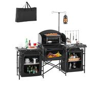 VEVOR Cuisine de camping portable en aluminium, table de camping en plein air, avec 3 placards de rangement, sac de transport, pare-brise amovible, installation rapide pour barbecue, pique-nique, noir