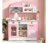 VEVOR Cuisine en Bois Enfant, Cuisine de Jeu pour Enfants avec Lumières et Sons, Aliments et Ustensiles, Micro-Ondes, Lave-Vaisselle et Hotte Aspirante, Jouet d'Imitation Filles Garçons 3-8 Ans, Rose