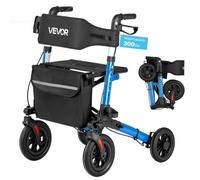 VEVOR Déambulateur 4 Roues Rollator 4 Roues Pliable en 3 Parties pour Personnes Âgées Seniors 136 kg, avec Poignée Réglable, Cadre Alliage Alu, Roulettes Pleines PU, Porte-gobelet, Porte-canne, Bleu