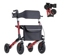 VEVOR Déambulateur 4 Roues Rollator 4 Roues Pliable en 3 Parties pour Personnes Âgées Seniors 136 kg, avec Poignée Réglable, Cadre Alliage Alu, Roulettes Pleines PU, Porte-gobelet, Porte-canne, Rouge
