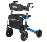 VEVOR Déambulateur 4 Roues Rollator 4 Roues Pliable en 3 Parties pour Personnes Âgées Seniors 136 kg, avec Poignée Réglable, Cadre Alliage Alu, Roulettes Pleines PU, Porte-gobelet, Porte-canne, Bleu