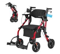 VEVOR Déambulateur 4 Roues Rollator 4 Roues Pliable Fauteuil de Transfert 2 en 1 pour Personnes Âgées 136 kg, avec Cadre Alliage Alu, Roulettes PU, Porte-gobelet, Porte-canne, Sac de Rangement, Rouge
