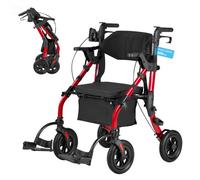 VEVOR Déambulateur 4 Roues Rollator 4 Roues Pliable Fauteuil de Transfert 2 en 1 pour Personnes Âgées 136 kg, avec Cadre Alliage Alu, Roulettes PU, Porte-gobelet, Porte-canne, Sac de Rangement, Rouge