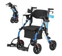 VEVOR Déambulateur 4 Roues Rollator 4 Roues Pliable Fauteuil de Transfert 2 en 1 pour Personnes Âgées Seniors 136 kg, avec Cadre en Alliage Aluminium, Roulettes PU, Porte-gobelet, Porte-canne, Bleu