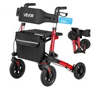 VEVOR Déambulateur 4 Roues Rollator 4 Roues Pliable en 3 Parties pour Personnes Âgées Seniors 136 kg, avec Poignée Réglable, Cadre Alliage Alu, Roulettes Pleines PU, Porte-gobelet, Porte-canne, Rouge