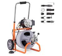 VEVOR Déboucheur Électrique de Canalisation 30 m x 0,95 cm Machine de Nettoyage de Tuyaux sur Roues Alimentation Automatique Nettoyeur de Tubes, 8 Coupeurs, Commande à Pied par Air pour Tuyaux 5-10 cm