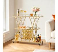 VEVOR Desserte Bar, Chariot de Service 3 Niveaux, pour Rangement Vins Ustensiles Cuisine, Bar Roulant avec Plateau en Verre Trempé, Range-Bouteilles et Porte-Verres à Pied, Chariot à Boissons Doré