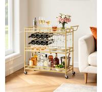 VEVOR Desserte Bar, Chariot de Service à 3 Niveaux, pour Rangement Vins Ustensiles Cuisine Salon, Bar Roulant avec Plateau en Verre Trempé, Range-Bouteilles et Porte-Verres, Chariot à Boissons Doré