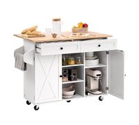 VEVOR Desserte de Cuisine sur Roulettes 132 cm de Large, Îlot Central Mobile avec Plateau en Bois Massif, Armoire, Tiroir, Abattant, Porte-serviettes et Épices, pour Salle à Manger Garde-manger, Blanc