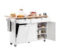 VEVOR Desserte de Cuisine sur roulettes 153 cm de Large, Îlot Central Mobile avec Abattant, 2 Tiroirs, Porte-Couteaux et épices, Porte-Serviettes et Armoire à Poubelle, Salle à Manger Garde-Manger