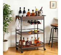 VEVOR Desserte Polyvalente, Chariot de Service pour Bar 3 Niveaux 68x36x83 cm, Rangement Vins Ustensiles Boissons Cuisine, Bar Roulant Plateaux en Bois, Range-Bouteilles et Porte-Verres, Marron