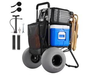 VEVOR Diable de Plage Tout-terrain, Chariot de Transport Pliable Charge Maximale 75 kg, pour Camping Pêche Jardin Extérieur, Plateau de Chargement 46x37,5 cm, Grandes Roues Ballons, Hauteur Réglable