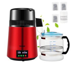 VEVOR Distillateur d'Eau 4 L Machine à Eau Distillée 1 L/h Machine à Distiller l'Eau Inox Alimentaire Sûr Température 30-108 ℃ Minuterie Récipient en Verre Purification Maison Bureau Clinique Rouge