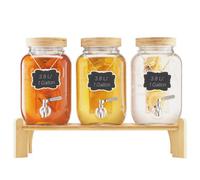 VEVOR Distributeur de Boissons Capacité de 3,8 L 3PCs, Fontaine à Eau en Verre, Distribution d’Eau Jus Limonade Thé Glacé, avec Support en Bois, Robinet et Infuseur, pour Restaurant Café Hôtel Fête
