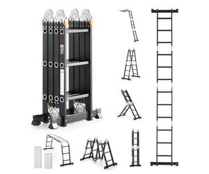 VEVOR Échelle Pliante Polyvalente 7 en 1 Escabeau Télescopique Réglable avec Planche Échafaudage, Barre Équilibre, Hauteur de Portée 3,55 m, Charge 150 kg, Cadre A 3 Marches, pour Extérieur Intérieur