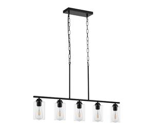 VEVOR Éclairage d'îlot de cuisine, 5 lumières, lampe suspension linéaire de ferme 60 W, avec abat-jour en verre transparent, 4 tiges et 2 chaînes en métal, luminaire réglable pour salle à manger, E27