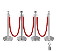VEVOR Edelstahl Absperrpfosten Seil Abgrenzungsständer Kugelkopf 3 Rote Samtseile Silberne Säule 4 Packung Crowd Control Barriers
