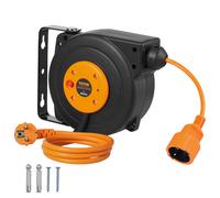 VEVOR Enrouleur de câble d'extension rétractable, 9 m, 1000 W, avec cordon d'alimentation 1 m protection contre la surchauffe, butoir de cordon réglable, enrouleur pour montage au plafond ou au mur
