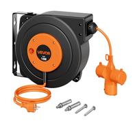 VEVOR Enrouleur Électrique Automatique 15 m 1,5 mm² Rallonge Rétractable | Pour Montage Mur Plafond, Protection Surchauffe, Câble Alimentation Orange, avec Connecteur à 3 Prises, Support Pivotant 180°