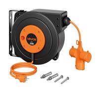 VEVOR Enrouleur Électrique Automatique 20 m 1,5 mm² Rallonge Rétractable pour Montage Mur Plafond, Protection Surchauffe, Câble Alimentation Orange, avec Connecteur à 3 Prises, Support Pivotant 180°
