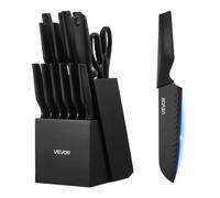 VEVOR Ensemble Couteaux Cuisine avec Bloc, 15 PCS, Lame en Acier Inox à Haute Teneur Tranchants, Bloc en Bois de Pin, Set Ustensiles de Cuisine avec Ciseaux et Fusil pour Tous Types d'Ingrédients
