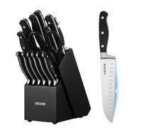 VEVOR Ensemble Couteaux Cuisine avec Bloc, 15 PCS Tranchants en Acier Inoxydable à Haute Teneur, Bloc à Ustensiles de Cuisine en Bois, Set Couteaux avec Ciseaux et Fusil pour Tous Types d'Ingrédients