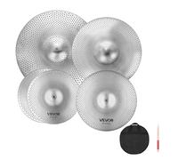 VEVOR Ensemble de Cymbales Batterie, Cymbale Charleston 355 mm, Crash 400 mm, Crash 455 mm, Ride 505 mm, avec Baguettes, Sac de Rangement, Lot de 4 Cymbales à Faible Volume, Couleur Argent Brillant
