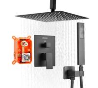 VEVOR Ensemble de Robinetterie de Douche Encastrable, Système de Douche de Pluie avec Pommeau de Tête Carré 30,5 cm, Douchette à Main et Kit de Garniture, Montage au Plafond, Salle de Bain, Noir Mat