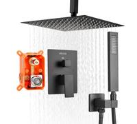 VEVOR Ensemble de Robinetterie de Douche Encastrable, Système de Douche de Pluie avec Pommeau de Tête Carré 25,4 cm, Douchette à Main et Kit de Garniture, Montage au Plafond, Salle de Bain, Noir Mat