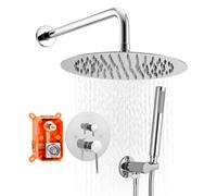 VEVOR Ensemble de Robinetterie de Douche Encastrable, Système de Douche de Pluie avec Pommeau de Tête Rond 25,4 cm, Douchette à Main et Kit de Garniture, Fixation Murale, Salle de Bain, Argent Chromé