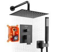 VEVOR Ensemble de Robinetterie de Douche Encastrable, Système de Douche de Pluie avec Pommeau de Tête Carré de 25,4 cm, Douchette à Main et Kit de Garniture, Fixation Murale, Salle de Bain, Noir Mat