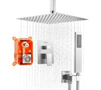 VEVOR Ensemble de Robinetterie de Douche Encastrable, Système de Douche de Pluie avec Pommeau de Tête Carré de 30,5 cm, Douchette à Main et Kit de Garniture, Montage au Plafond, Nickel Brossé