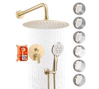 VEVOR Ensemble de Robinetterie de Douche Encastrable, Système de Douche de Pluie avec Pommeau de Tête Rond de 25,4 cm, Douchette à Main et Kit de Garniture, Fixation Murale, Salle de Bain, Or Brossé