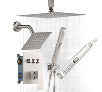 VEVOR Ensemble de Robinetterie de Douche, Système de Douche 3 Fonctions, Pommeau Haut à Effet Pluie 25,4 cm, Pommeau Mural et Douchette à Main, Kit de Valve en Laiton et Garniture, Nickel Brossé