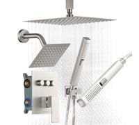 VEVOR Ensemble de Robinetterie de Douche, Système de Douche 3 Fonctions, Pommeau Haut à Effet Pluie 25,4 cm, Pommeau Mural et Douchette à Main, Kit de Valve en Laiton et Garniture, Nickel Brossé