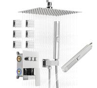 VEVOR Ensemble de Robinetterie de Douche, Système de Douche 3 Fonctions, Pommeau Haut à Effet Pluie 25,4 cm, 6 Jets de Corps et Douchette à Main, Kit Complet de Valve en Laiton et Garniture, Chromé