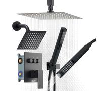 VEVOR Ensemble de Robinetterie de Douche, Système de Douche 3 Fonctions, Pommeau Haut à Effet Pluie 25,4 cm, Pommeau Mural et Douchette à Main 2-en-1, Kit de Valve en Laiton et Garniture, Noir Mat