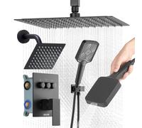 VEVOR Ensemble de Robinetterie de Douche, Système de Douche à 3 Fonctions, Pommeau Haut à Effet Pluie de 30,5 cm, Pommeau Mural et Douchette à Main 4-en-1, pour Salle de Bain Maison, Noir Mat