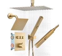 VEVOR Ensemble de Robinetterie de Douche, Système de Douche Thermostatique 3 Fonctions, Pommeau Haut à Effet Pluie 30,5 cm, Pommeau Mural et Douchette à Main 2-en-1, pour Salle de Bain, Or Brossé