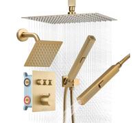 VEVOR Ensemble de Robinetterie de Douche, Système de Douche Thermostatique 3 Fonctions, Pommeau Haut à Effet Pluie 30,5 cm, Pommeau Mural et Douchette à Main 2-en-1, pour Salle de Bain, Or Brossé