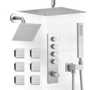 VEVOR Ensemble de Robinetterie de Douche, Système de Douche Thermostatique 4 Fonctions, Pommeau Haut à Effet Pluie de 40,6 cm, Pommeau Mural, 6 Jets de Corps et Douchette à Main, Nickel Brossé