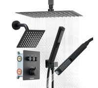 VEVOR Ensemble de Robinetterie de Douche, Système de Douche Thermostatique à 3 Fonctions, Pommeau Haut à Effet Pluie de 30,5 cm, Pommeau Mural et Douchette à Main 2-en-1, Salle de Bain, Noir Mat